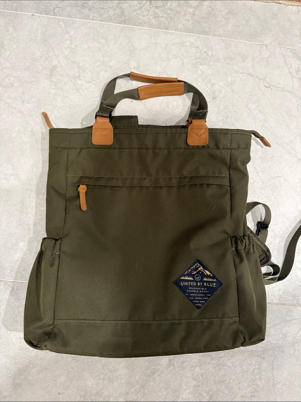 United By Blue Olive Canvas Backpack Tote with Tan Accents